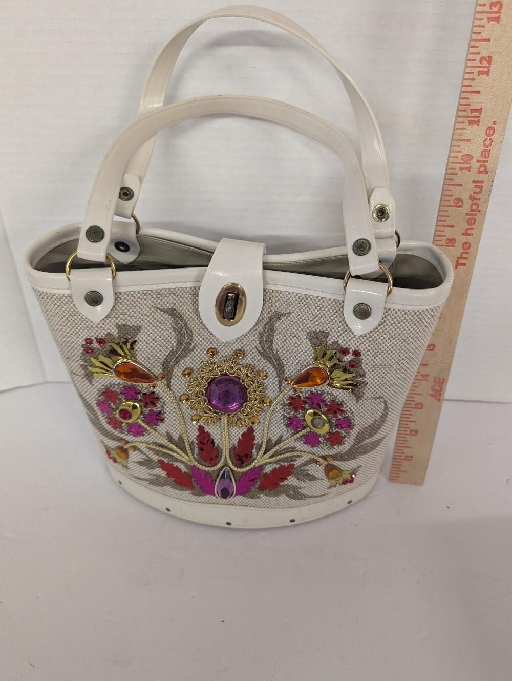 VINTAGE Bag Mini Bucket Bag Embellished Beige Pink Multicolor Gem Accents - Picture 7 of 9